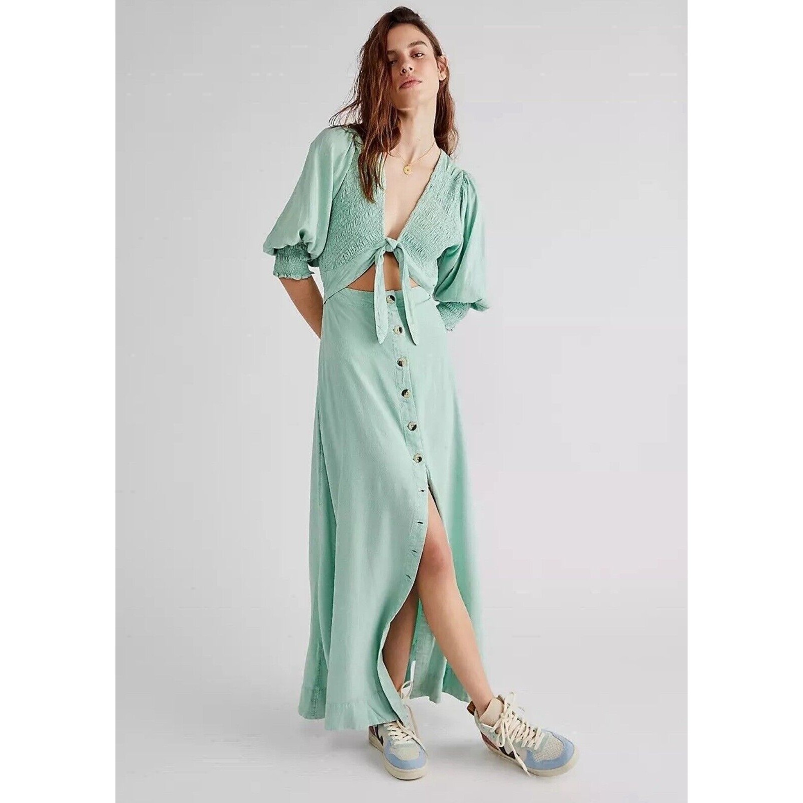 Free People Women String Of Hearts Green Printed Maxi Buttondown Dress Sz S New
